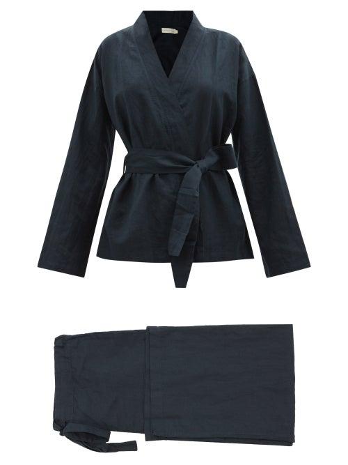 General Sleep - Wrap Organic Cotton-blend Pyjama Set - Womens - Navy