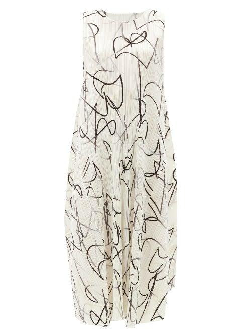 Matchesfashion.com Pleats Please Issey Miyake - Squiggle-print Technical-pleated Midi Dress - Womens - White Black