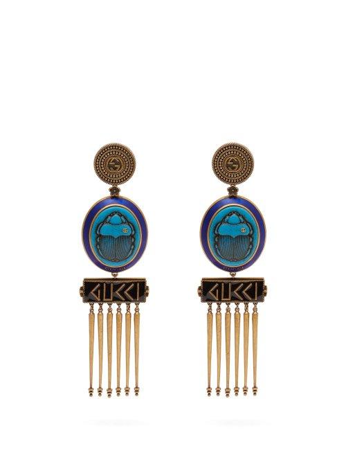 Matchesfashion.com Gucci - Gg Scarab And Tassel Drop Clip On Earrings - Womens - Blue