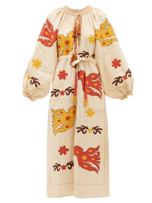 Matchesfashion.com Vita Kin - Parrot-embroidered Linen Midi Dress - Womens - Beige Multi