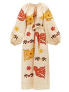 Matchesfashion.com Vita Kin - Parrot-embroidered Linen Midi Dress - Womens - Beige Multi