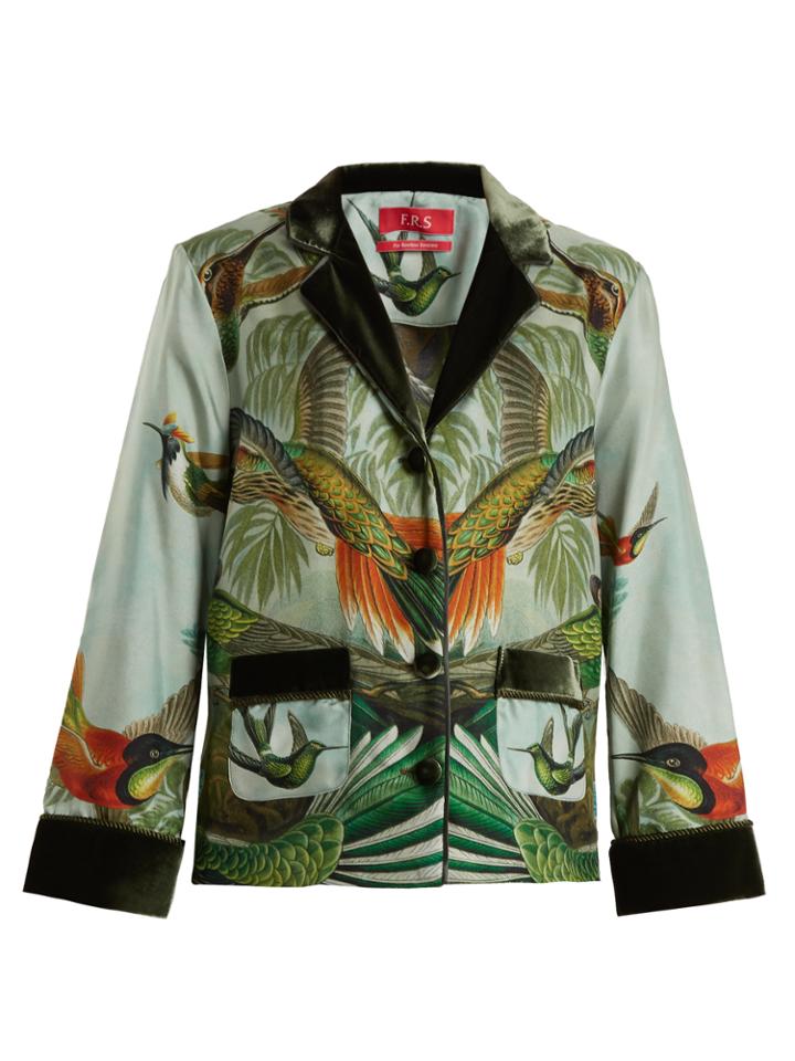 F.r.s - For Restless Sleepers Ade Bird-print Velvet-trimmed Silk Pyjama Shirt