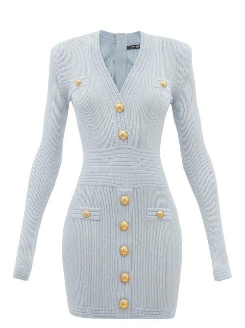 Balmain - V-neck Button-embellished Knitted Dress - Womens - Blue