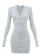 Balmain - V-neck Button-embellished Knitted Dress - Womens - Blue