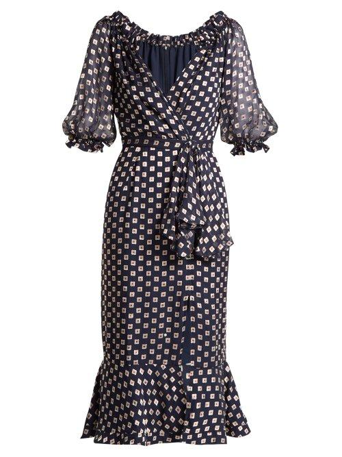 Matchesfashion.com Saloni - Olivia Square Print Silk Blend Devor Dress - Womens - Navy Multi