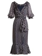 Matchesfashion.com Saloni - Olivia Square Print Silk Blend Devor Dress - Womens - Navy Multi
