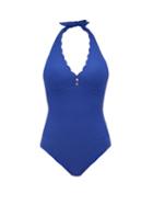 Matchesfashion.com Heidi Klein - Amoudi Bay Scalloped Halterneck Swimsuit - Womens - Blue