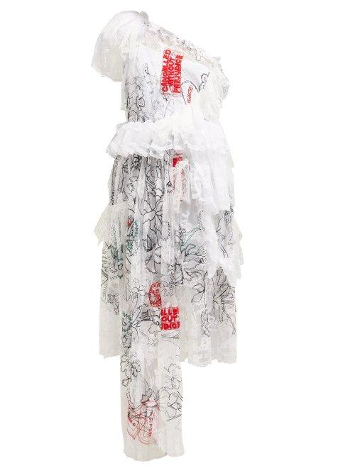 Matchesfashion.com Preen By Thornton Bregazzi - Giselle Asymmetric Embroidered Tulle Dress - Womens - White Multi