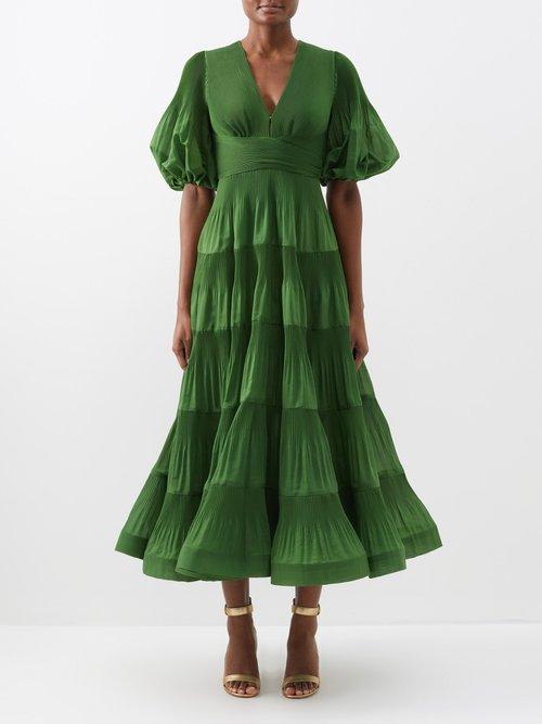 Zimmermann - Pleated Puffed-sleeve Midi Dress - Womens - Green