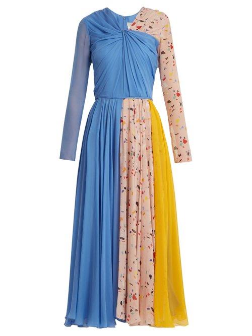 Matchesfashion.com Carolina Herrera - V Neck Terazzo Print Silk Dress - Womens - Blue Multi