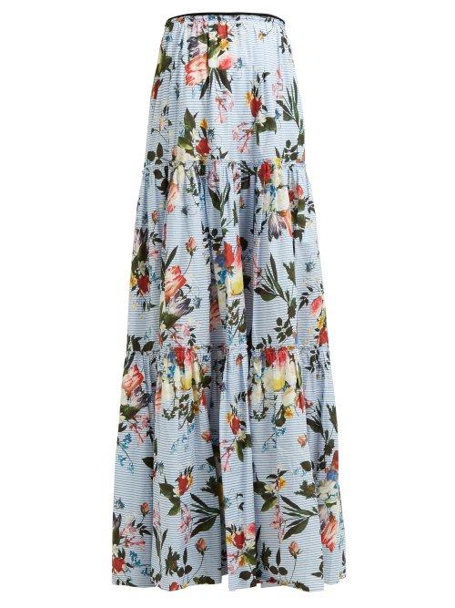 Matchesfashion.com Erdem - Sigrid Tiered Floral Print Cotton Maxi Skirt - Womens - Blue Print