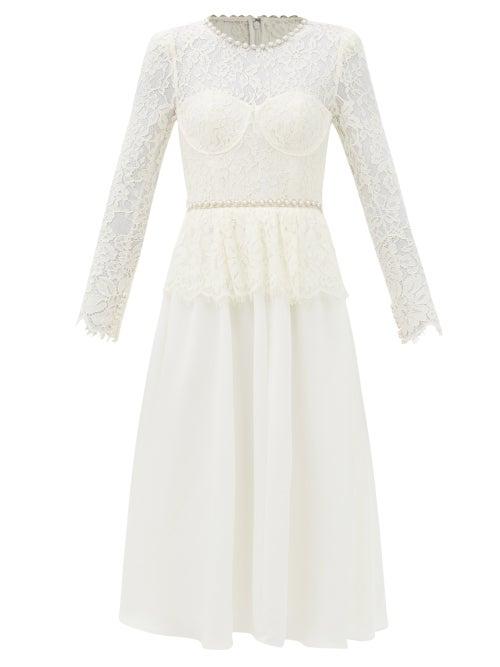 Self-portrait - Faux-pearl Embellished Lace And Crepe Dress - Womens - White