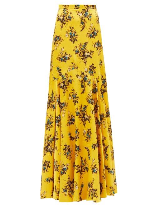 Erdem - Elle Floral-print Satin Maxi Skirt - Womens - Yellow Multi