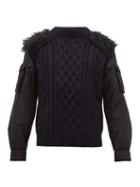 Matchesfashion.com Prada - Faux Fur Trim Nylon Sleeve Wool Sweater - Mens - Black Navy