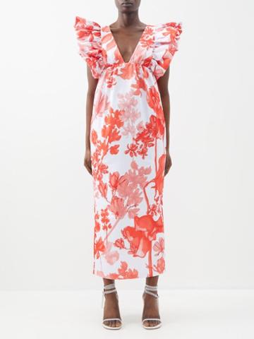 Kika Vargas - Metvi Orchid-print Ruffled Taffeta Dress - Womens - White Red