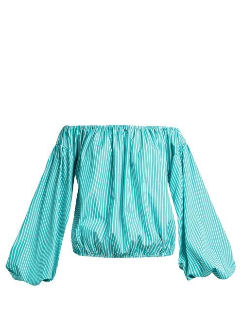 Matchesfashion.com Caroline Constas - Andros Off The Shoulder Striped Top - Womens - Light Blue