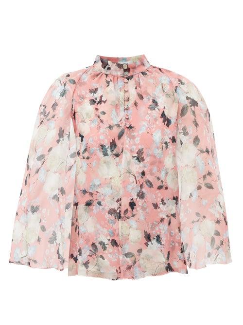 Matchesfashion.com Erdem - Carvella Cape Sleeve Floral Print Silk Blouse - Womens - Pink Print