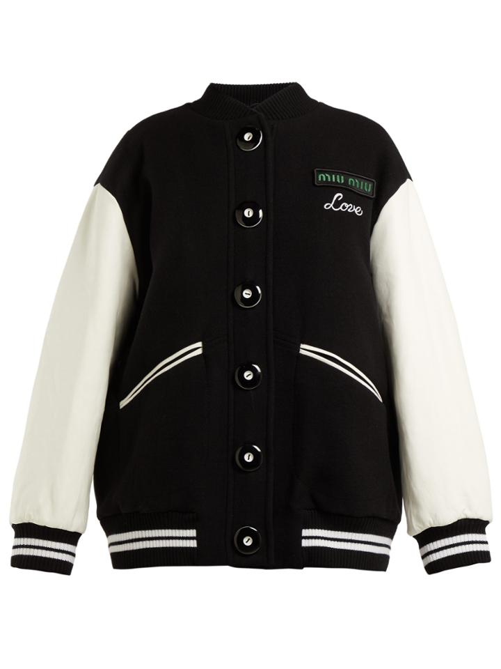 Miu Miu Leather-sleeve Wool Baseball Jacket