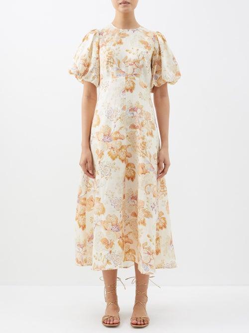 Ale Mais - Philomena Floral-print Linen Midi Dress - Womens - Cream Beige