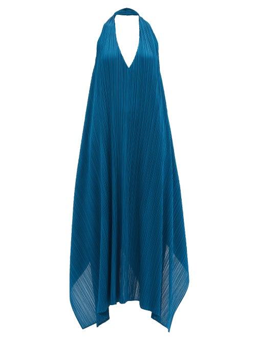 Matchesfashion.com Pleats Please Issey Miyake - Echo Halterneck Technical-pleated Dress - Womens - Blue
