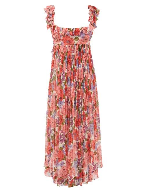 Matchesfashion.com Zimmermann - Ruffled Square-neck Poppy-print Georgette Dress - Womens - Pink Print