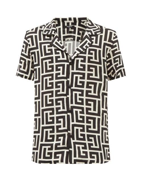 Balmain - Monogram-print Crepe Shirt - Mens - Black Gold