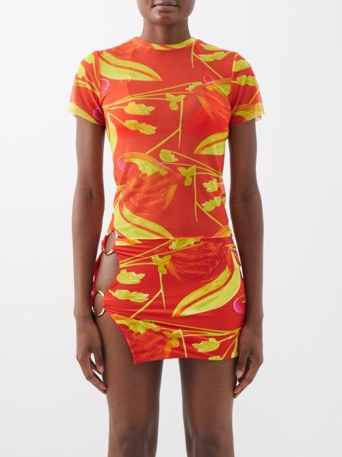 Louisa Ballou - Orchid Flame-print Mesh T-shirt - Womens - Orange Print