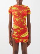 Louisa Ballou - Orchid Flame-print Mesh T-shirt - Womens - Orange Print
