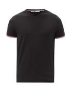 Matchesfashion.com Moncler - Striped-cuff V-neck Cotton-jersey T-shirt - Mens - Black