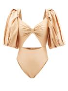 Fe Noel - Puff-sleeve Cutout Swimsuit - Womens - Light Brown