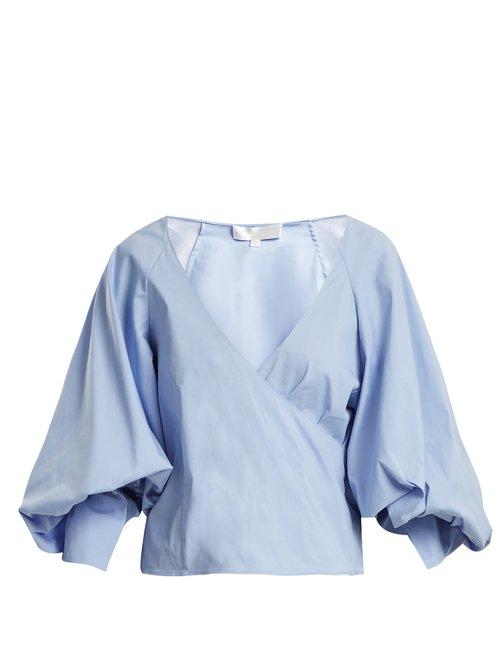 Matchesfashion.com Caroline Constas - Josie V Neck Puff Sleeved Stretch Cotton Top - Womens - Blue