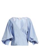 Matchesfashion.com Caroline Constas - Josie V Neck Puff Sleeved Stretch Cotton Top - Womens - Blue