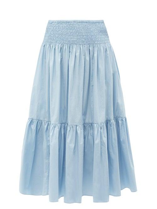 Rhode - Scarlett Shirred-waist Cotton-poplin Midi Skirt - Womens - Light Blue