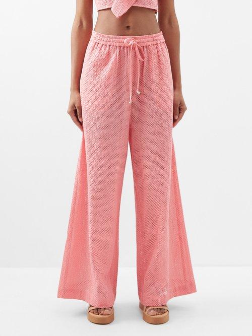 Marysia - Montauk Eyelet-cotton Wide-leg Trousers - Womens - Mid Pink