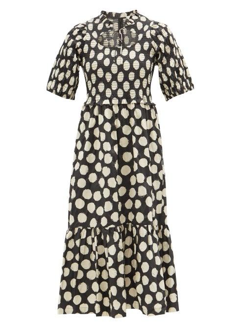 Sea - Arline Cutout-neck Polka-dot Cotton Dress - Womens - Black Multi