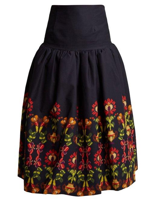 Matchesfashion.com Stella Jean - Floral Print Gathered Cotton Blend Midi Skirt - Womens - Navy Multi
