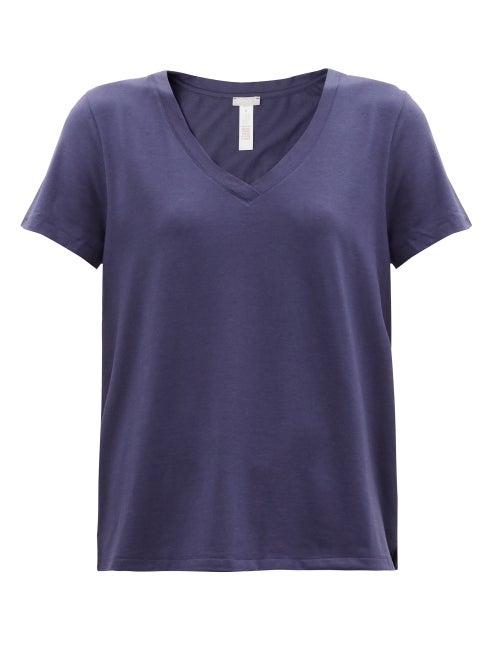 Ladies Lingerie Hanro - Sleep & Lounge V-neck Cotton-blend T-shirt - Womens - Dark Blue