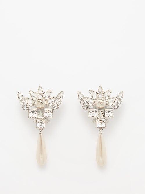 Gucci - Gg-logo Faux Pearl And Crystal Clip Earrings - Womens - Pearl