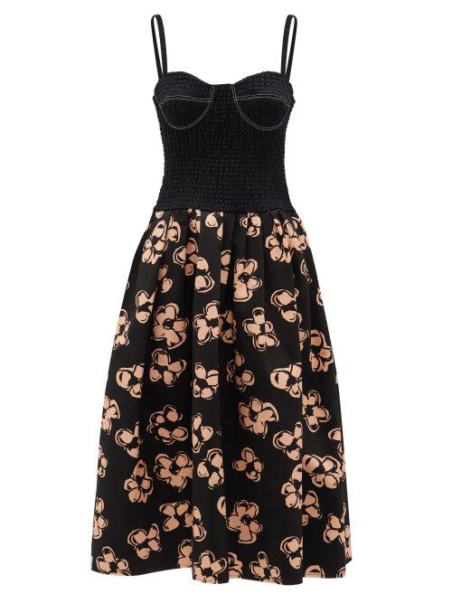 Matchesfashion.com Marina Moscone - Shirred-bodice Floral-print Dress - Womens - Black Print