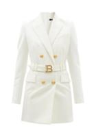 Balmain - Belted Wool-crepe Tailored Mini Dress - Womens - White