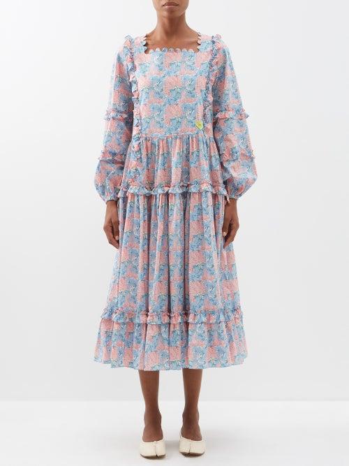 Horror Vacui - Manon Floral-print Cotton-poplin Dress - Womens - Blue Pink
