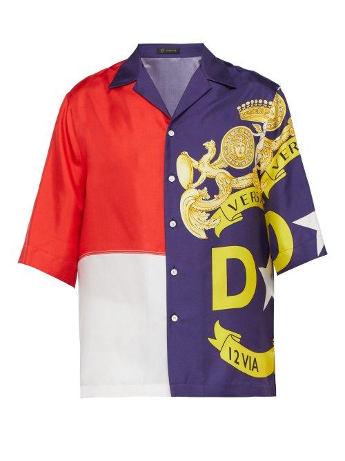 Matchesfashion.com Versace - Panelled Logo Print Short Sleeved Silk Shirt - Mens - Multi