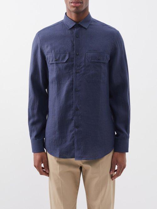 Brunello Cucinelli - Patch-pocket Hemp Shirt - Mens - Navy