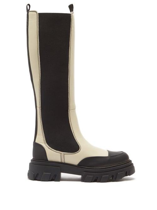 Ganni - Chunky Leather Knee-high Boots - Womens - Ivory Multi