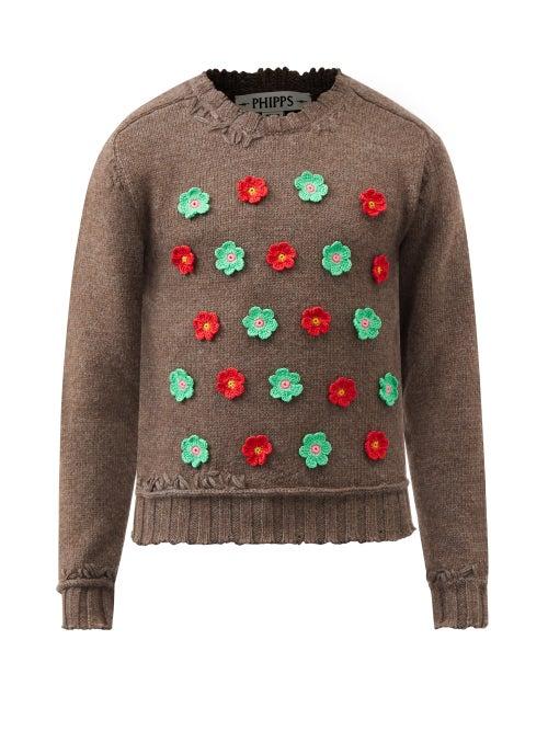 Phipps - Floral-appliqu Organic Wool-alpaca Sweater - Mens - Brown