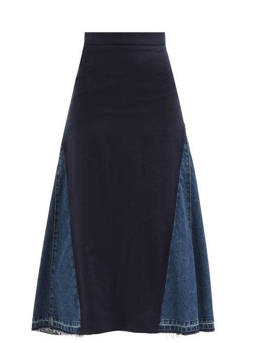 Alexander Mcqueen - High-rise Panelled Flared Denim Midi Skirt - Womens - Denim