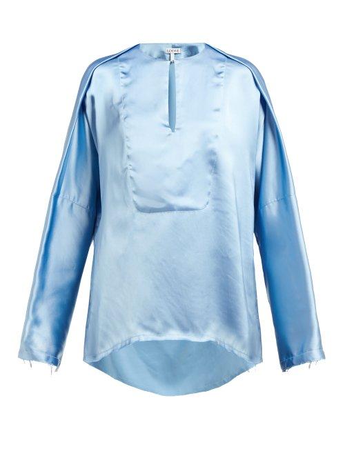 Matchesfashion.com Loewe - Frayed V Neck Satin Blouse - Womens - Light Blue