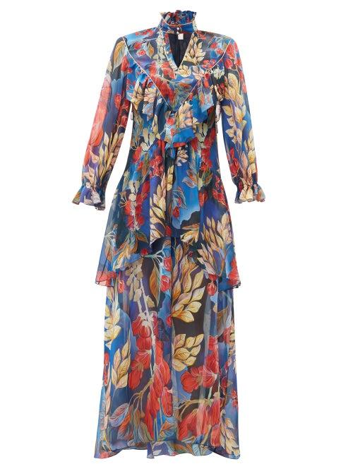 Matchesfashion.com Peter Pilotto - Ruffle Trim Floral Print Silk Georgette Gown - Womens - Blue Multi