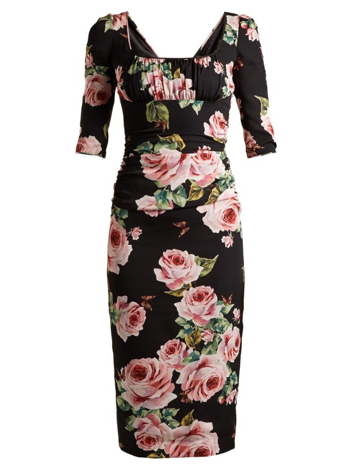 Dolce & Gabbana Rose-print Ruched-bust Charmeuse Dress