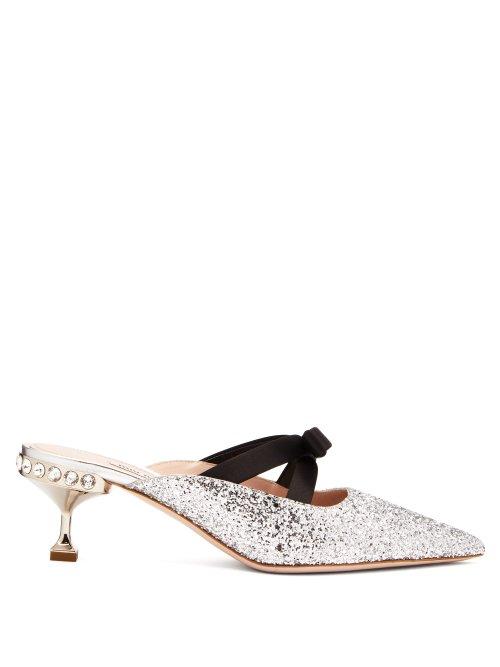 Matchesfashion.com Miu Miu - Glitter And Bow Embellished Mules - Womens - Silver